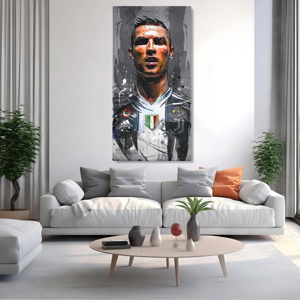 Tablou canvas cu tablou portret cristiano ronaldo juventus, fara rama, pe sasiu de lemn, pe perete intr-un living